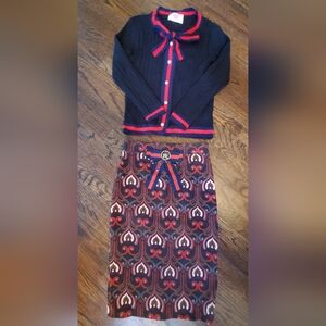 GUCCI Copy Navy and Red Cardigan with Patterned Skirt Set